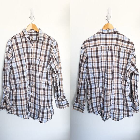 Peter Millar Plaid Button Down Dress Shirt XL Brown Blue Office Work Classic - Picture 1 of 5